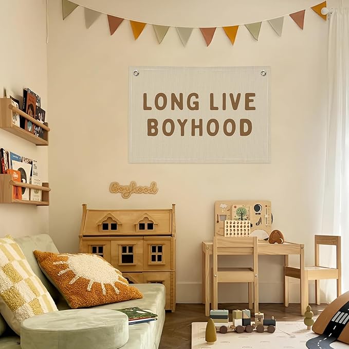 Long Live Boyhood Banner, Boy Nursery Decor, Linen Banner Wall Hanging Banner Flag Decor for Nursery Playroom Toddler Room, Boys Kids Room Decor - Sand Beige & Taupe