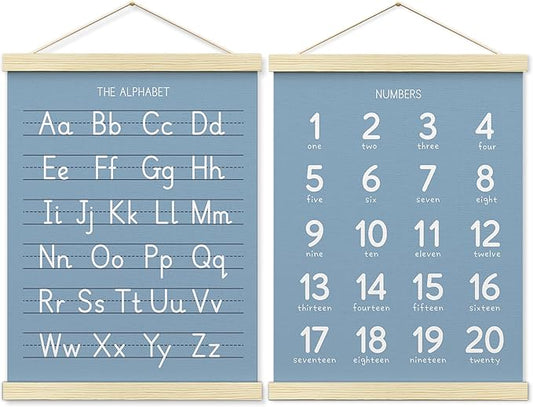 BONETAT Numbers alphabet poster for Nursery Toddlers, Play Room Wall Decor,ABC Wall Chart, Wall Hanging Decor for Toddler Playroom Decor Kids Wall Decor, Wooden Frame Alphabet Banner-A07