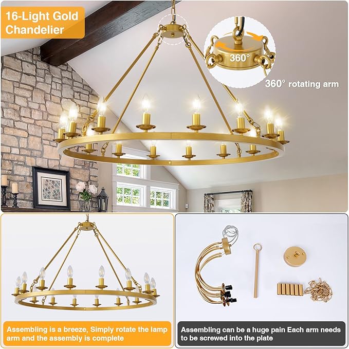 Wagon Wheel Chandelier, 16-Light Gold Round Modern Farmhouse Chandelier with Adjustable Height Hanging Island Light Fixture for High Ceiling Dining Room, Kitchen, Living Room, Entryways, Foyer