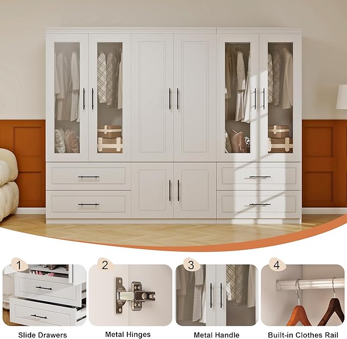 White Armoire Wardrobe Closet with 6 Door: Combination Wood Wardrobe Closet with Glass Door Wooden Bedroom Armoire 4 Drawer with Hanging Rods for Home/Bedroom/Living Room