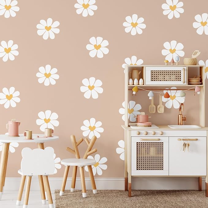 6 Sheet Daisy Wall Stickers White Heart Daisy Decals Peel and Stick Flower Wall Stickers White Flower Decals Floral Wallpaper for Bedroom Nursery Playroom Home Decor