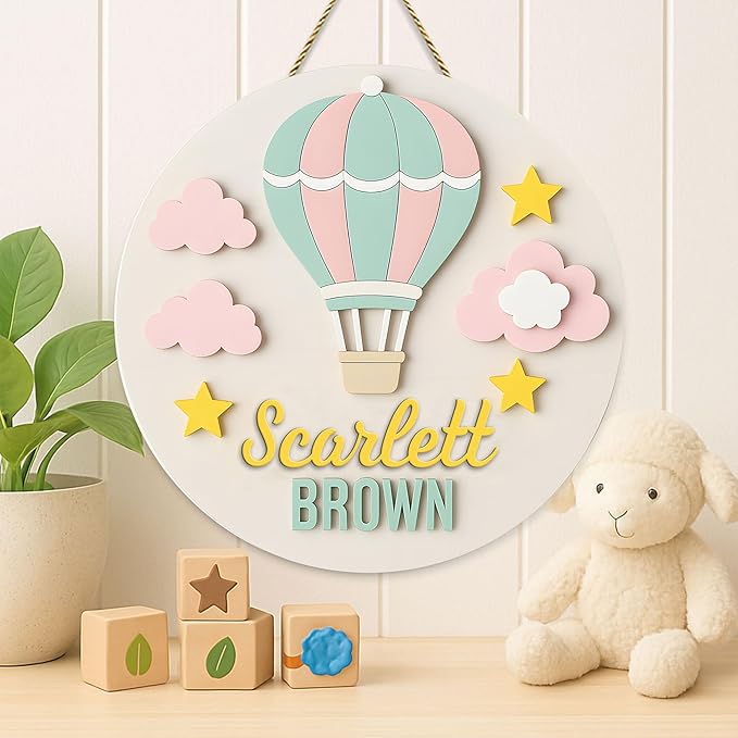 Personalized Wooden Name Sign Baby Decor – Custom Hot Air Balloon Wooden Plaque with Pastel Colors, Nursery Wall Hanging Name Sign for Baby Boys or Girls