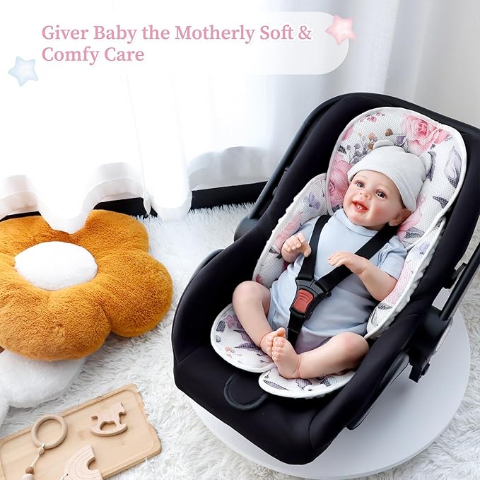 Mesh Baby Car Seat Head and Body Support, Pea Pod Infant Car Seat Insert for Newborn with Minky Dot Backing & Colorfast Stylish Floral Patterns, Suitable for Baby Car Seats, Stroller, and Baby Swings
