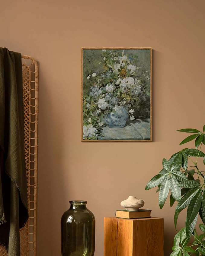 ARPEOTCY Framed Canvas Print Wall Art Decor, French Vintage Flower Spring Botanical Wall Art Home Decor, Ceramic Vase Floral Oil Painting for Living Room, Office Shelf Decoration, 12x16 inch
