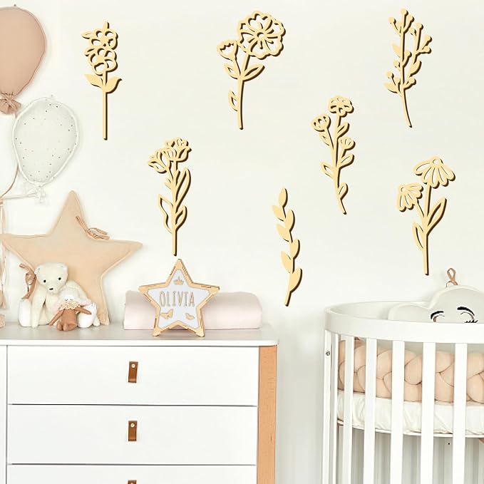 7 PCS Large Wooden Wildflowers Signs Decals DIY Colorable Wood Flowers Sign for Crafts Baby Nursery Stick Peel and Stick Boho Flower Art Cutout for Girls Bedroom Floral Sticker Gift for Kids Playroom