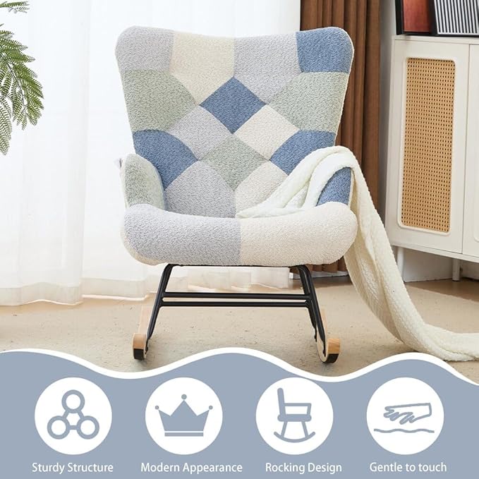 Nursery Rocking Chair Teddy Upholstered Glider Rocker Rocking Accent Chair with High Backrest Armchair Comfy Side Chair for Living Room, Bedroom, Offices (Spliced Blue)