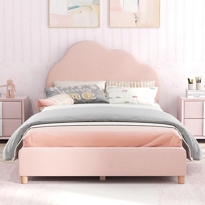 Costzon Twin Bed Frames for Kids, Upholstered Wooden Kids Bed w/Adjustable Headboard, Slats Support, 660 LBS Weight Cap, No Box Spring Needed, Easy Assembly, Twin Platform Bed Frame (Pink Cloud)