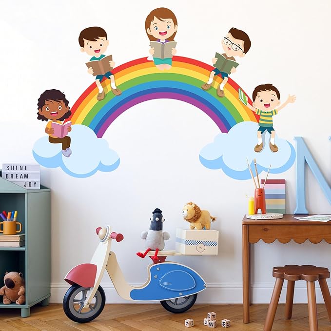 Kids Wall Decals Large Rainbow Wall Stickers for Nursery, Educational Reading Corner Decor Posters Cloudy Rainbow Student Reading Wall Art Murals for Kids Room Playroom Classroom