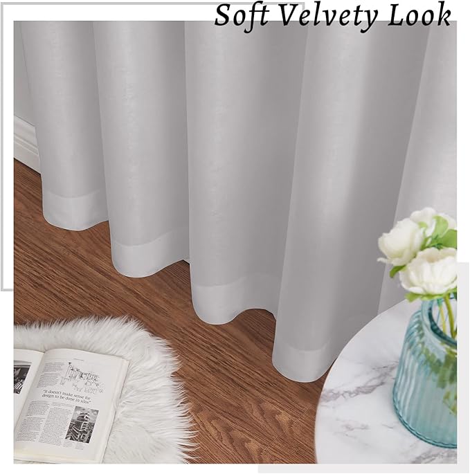 Melodieux Silver Grey Velvety Semi Sheer Curtains 96 Inch Length for Bedroom, Living Room Natural Cotton Texture Rod Pocket Window Sheer Drapes, 52 by 96 Inch (2 Panels)