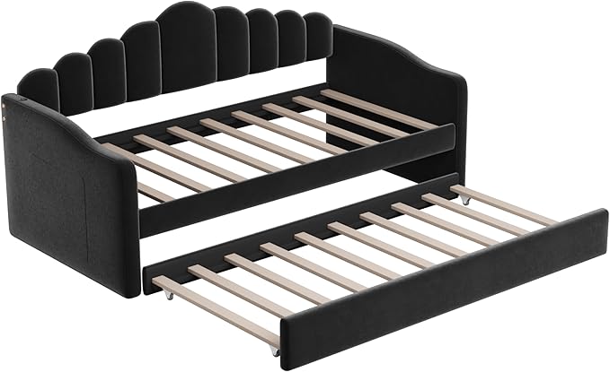 Bellemave Twin Size daybed Frame with Trundle for Adults, Kids, Girls, Teens, daybeds with Trundle for Living Room, Velvet, (Mattress not Included), Blcak
