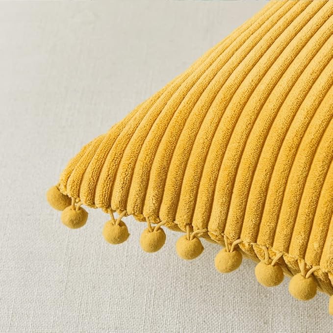Fancy Homi 2 Pack Mustard Yellow Lumbar Decorative Throw Pillow Covers 12x24 Inch with Pom-poms for Living Room Couch Bedroom, Soft Corduroy Solid Cushion Case 30x60 cm, Rustic Farmhouse Home Decor
