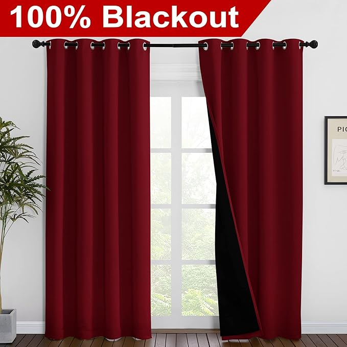 NICETOWN 100% Blackout Curtains with Black Liner Backing, Thermal Insulated Curtains for Living Room, Noise Reducing Drapes for Christmas, Burgundy Red, 55 inches x 86 inches Per Panel, Set of 2