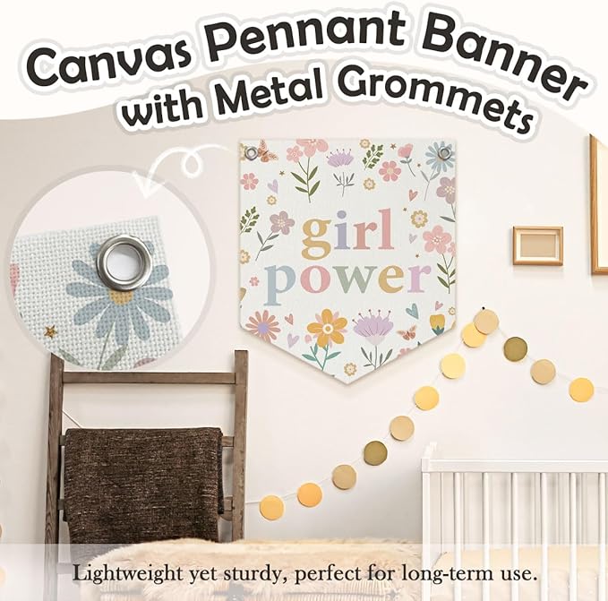Girls Room Decor – Girl Power Linen Pennant, Floral Canvas Triangle Banner Flag, Wildflower Wall Hanging Decor for Toddler & Baby Girl Nursery, 14.5x12.6 in