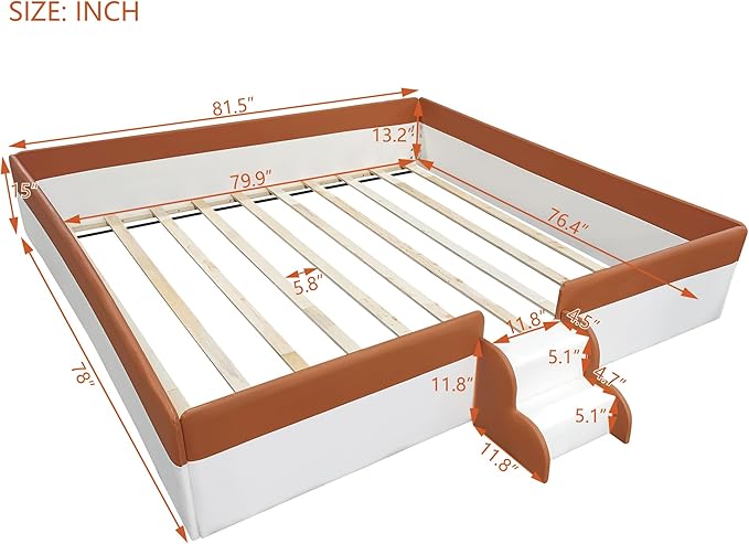 Merax Upholstered Kids' Daybed, Daybed Frame with Fence and Stairs, No Box Spring Needed, King Size, Brown+White