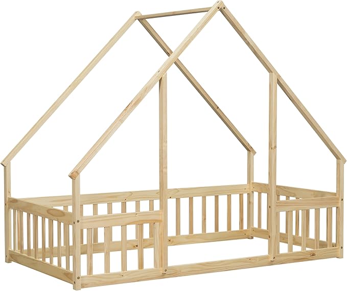 Bellemave Twin Size Wood House Bed Frame for Kids, Montessori Floor Bed with Fence, Playhouse for Girls and Boys, Natural