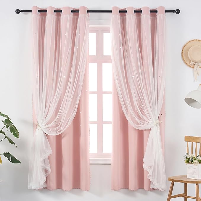 Light Pink Blackout Curtains for Girls Bedroom - Aesthetic Star Cutout Double Layer with White Sheer Overlay, 72 Inch Length 1 Panel Cute Curtain Baby Nursery Toddler Room Decor Drapes