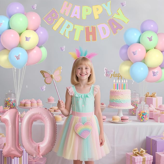 10th Birthday Decorations for Girl-12 inch Pastel Balloons, 32 Inch Pink 10 Balloon, 3D Butterflies Stickers, Happy Birthday Banner For Girl 10 Years Old BD Party Decorations
