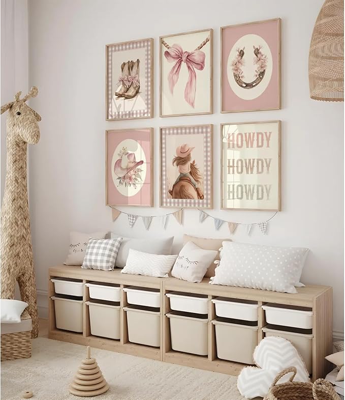 Western Cowgirl Nursery Wall Art Decor Vintage Girl Room Canvas Poster Pink Coquette Nursery Art Prints Preppy Aesthetic Pictures Bow Floral Boots Artwork for Girls Bedroom 8x10 Inch Unframed 6Pcs