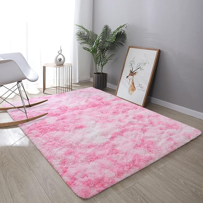 DweIke Fluffy Pink White Rugs for Bedroom Living Room, 6x9 Large Soft Plush Shaggy Tie-Dyed Pink Girls Boys Kids Rug, Non-Slip and Machine Washable Carpet for Dorm Nursery Classroom Decor