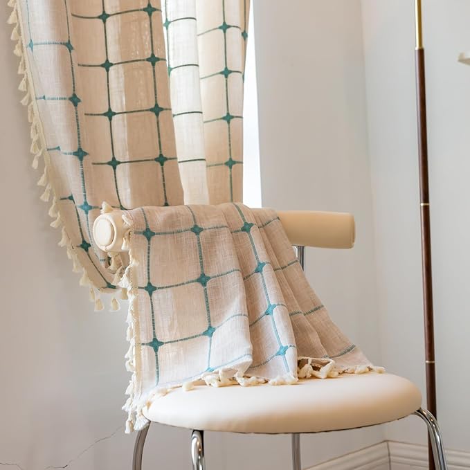 Deeprove Boho Curtains 63 Inches Length for Kitchen Cafe, Cotton Linen Plaids Beige Turquoise Teal Embroidery Semi Blackout Bohemian Farmhouse Window Treatment Grids Drape Tassels, 1 Panel W52 x L63