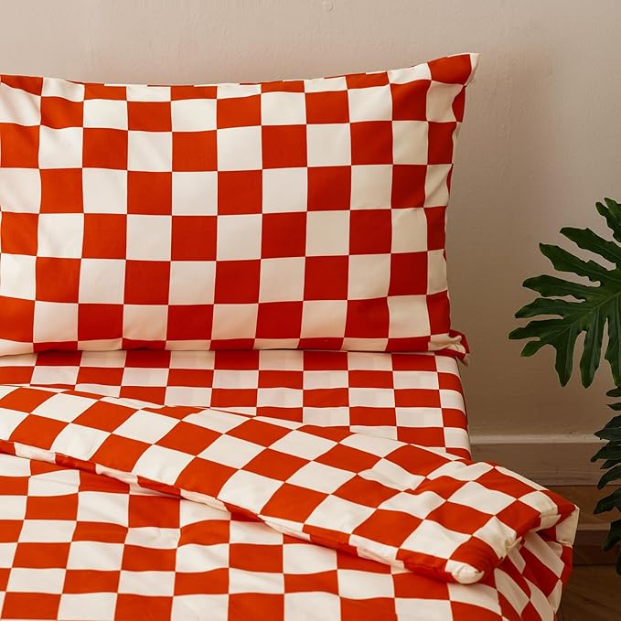 KAREVER Grid Toddler Bedding Set Orange White Checkered 4 Pieces Crib Bed Set Kids Pliad Comforter Set