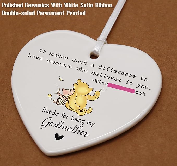 Heart Shaped Christmas Ornament-Godmother Proposal Gift-First Time Godmother Christening Baptism Keepsake-Appreciation Thank You Ceramic Decor with Gift Box