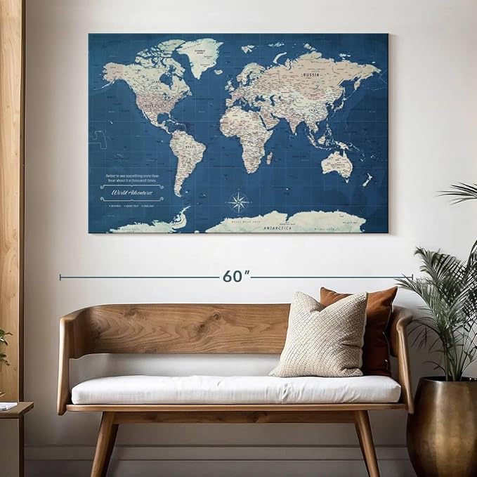 ElephantStock - World Adventures Push Pin Travel Map I Wall Art - Horizontal Canvas Wall Art - Living Room Wall Decor - Printmaking Map Canvas Art - Blue And Beige Decor - 51" x 34"