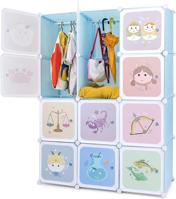 INFANS Children Wardrobe, Kid Closet Portable Baby Dresser Cute for Kids Bedroom Nursery Armoire with Doors 12 Cube 2 Hanging Sections, Kid Clothes Storage Organizer