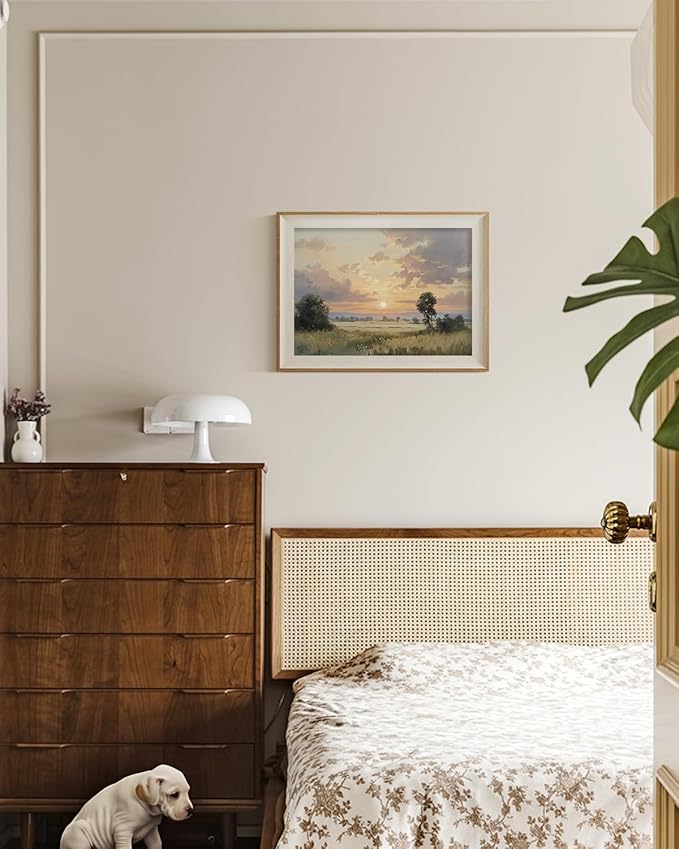 ARPEOTCY Framed Canvas Wall Art, 12x16 Inch Sunset Landscape Oil Painting Print, Rustic Countryside Wall Decor for Bedroom, Living Room, or Entryway, Vintage Horizontal Nature Artwork
