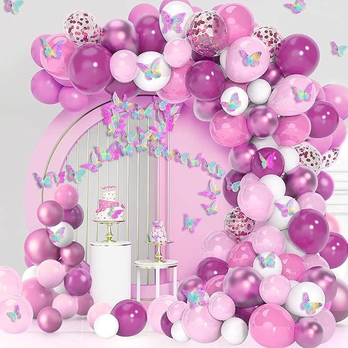 3D Butterfly Wall Decor 3 Sizes 4 Styles Butterfly Party Decorations Cake Decorations Removable Stickers Wall Decor Room Mural Metallic Kids (Laser Pink Purple, 48Pcs)