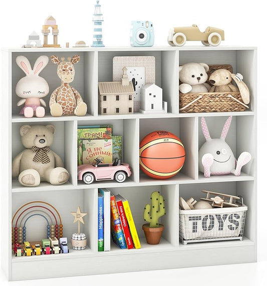 Costzon 10-Cube Bookshelf for Kids, Wooden Toy Storage Organizer w/ 2 Anti-Toppling Kits, 3 Tier Open Shelves & Non-Slip Foot Pads, Montessori Toy Shelf for Kids Rooms, Playroom, Classroom, Nursery