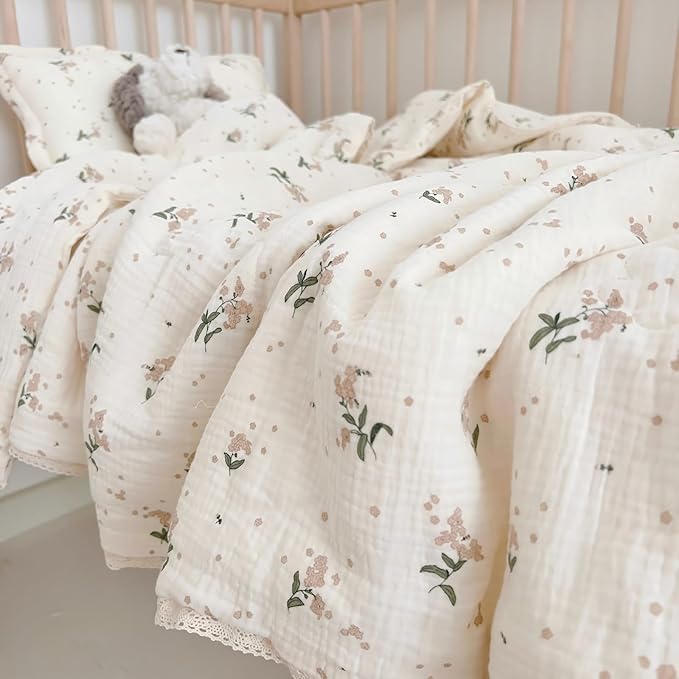BuLuTu Cute Laurel Design Toddler Quilt Muslin Cotton Comforter Lightweight Soft Nursery Blankets Floral Beige Crib/Toddler Bed Quilted Blanket for Unisex Baby Boys Girls, 47"x59"