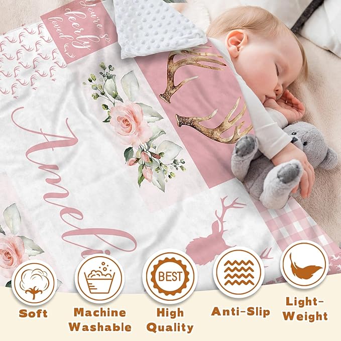 Personalized Baby Blanket with Name, Custom Pink Woodland Deer Blanket for Kids, Soft Flannel Bed Throw Blanket Swaddle for Newborn, Customizable Baby Gift & Nursery Blanket(60" x80)