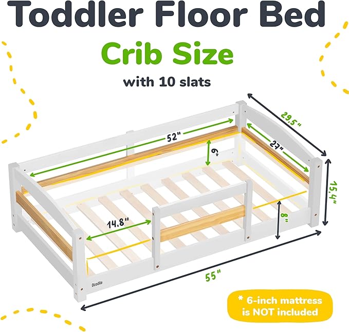 Ocodile Toddler Bed with Rails | Low Montessori Floor Bed Frame for Kids | Standard Crib Size Wooden Frame for Independent Toddlers 1-3 - White