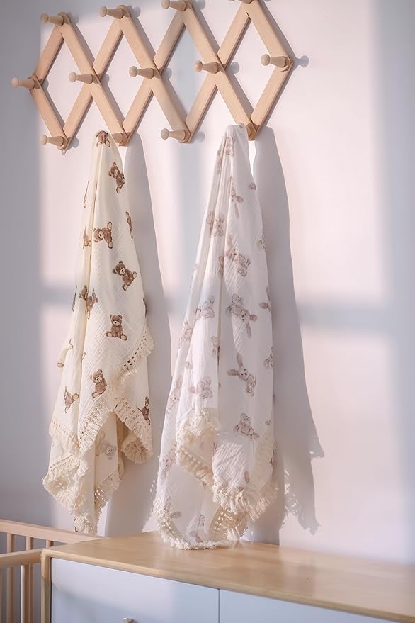 Little Jump Cotton Muslin Swaddle Blankets with Tassel, Boho Bohimia Muslin Baby Blanket Neutral with Fringe, Vintage Teddy Bear Nursery Decor Muslin Throw Blanket 47" x40" (Bunny)