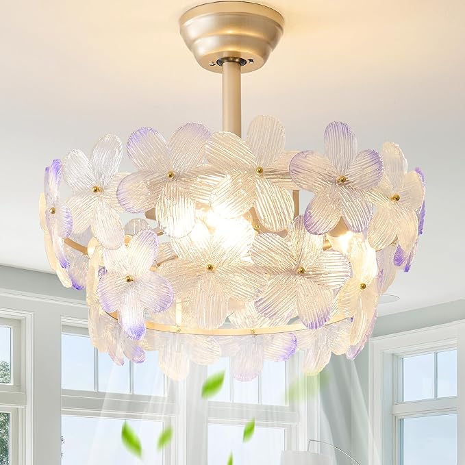 Gold Crystal Fandelier Ceiling Fans with Lights, 20" Gold Flower Chandelier Ceiling Fan with Light Remote Control, Caged Mid Century with 6 Speeds for Bedroom, Nursery, Living Room (Purple)