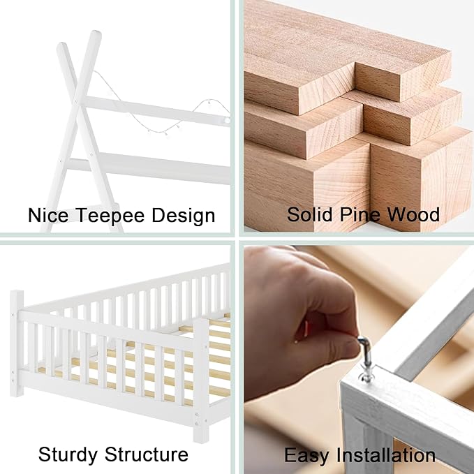 Twin House Bed with Light,Wood Twin Montessori FloorBed with Rails & Roof,Teepee Bed for Kids Boys Girls,with Slats Support,No Box Spring Needed, White