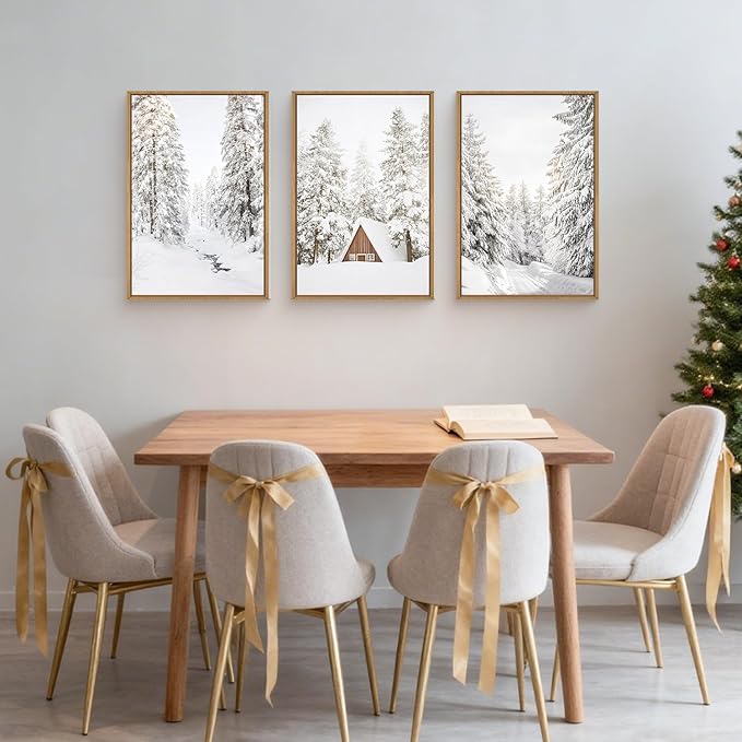 HLNIUC Christmas Snow Forest Framed Wall Art Set of 3, Large Winter Mountain Pine Tree Decor, Vintage White Cabin Landscape Canvas Art(16x24), Farmhouse Rustic Prints for Living Room, Bedroom, Office
