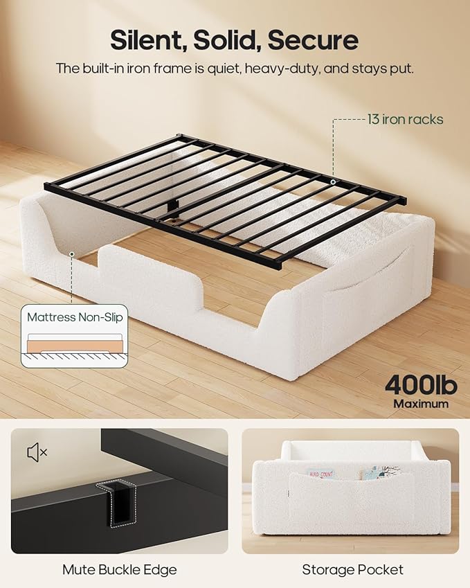 Twin Floor Bed, Low Montessori 2-in-1 Beds, with Slats and High Rails, Upholstered Teddy Boucle, Curve Round Frame for Girls and Boys, No Box Spring Needed, Easy Assemble, Beige (Twin)