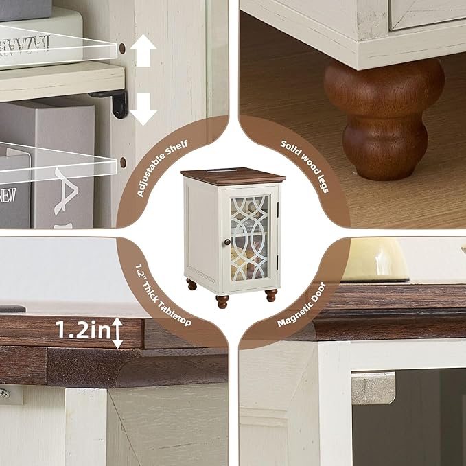 Narrow Side Table with Charging Station, Night Stand with Glass Door, Bedside End Tables with Adjustable Shelf Storage Cabinet,Wood Nightstand for Small Spaces Living Room Bedroom