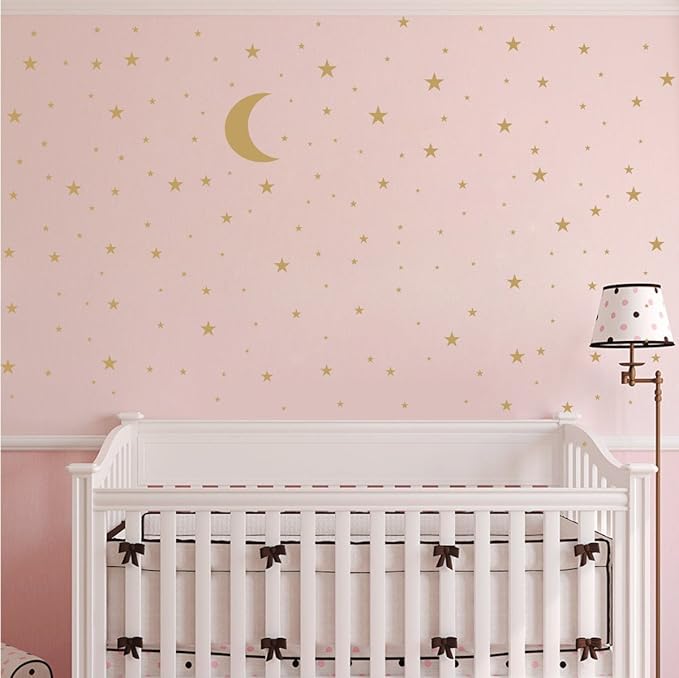 Moon and Stars Wall Decal Vinyl Sticker for Kids Boy Girls Baby Room Decoration Good Night Nursery Wall Decor Home House Bedroom Design YMX16 (Matte Gold)