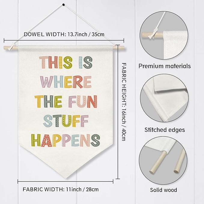 This Is Where the Fun Stuff Happens Banner,16"x11" Canvas Wall Hanging with Wooden Rod, Classroom Playroom Decor, Colorful Positive Quote Poster for Kids Room, Nursery, or Teacher Gifts (KD26)
