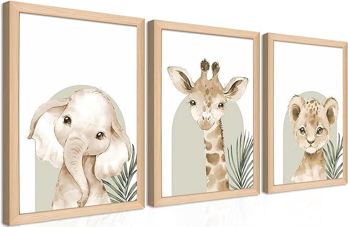Framed Cute Animal Wall Art Nursery Decor Set of 3, Watercolor Elephant Giraffe Lion Canvas, Whimsical Wildlife Pictures Print, Nursery Wall Decor for Kids’ Bedroom Daycare – 16x24 inch