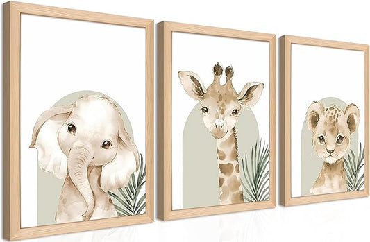 Framed Cute Animal Wall Art Nursery Decor Set of 3, Watercolor Elephant Giraffe Lion Canvas, Whimsical Wildlife Pictures Print, Nursery Wall Decor for Kids’ Bedroom Daycare – 16x12 inch