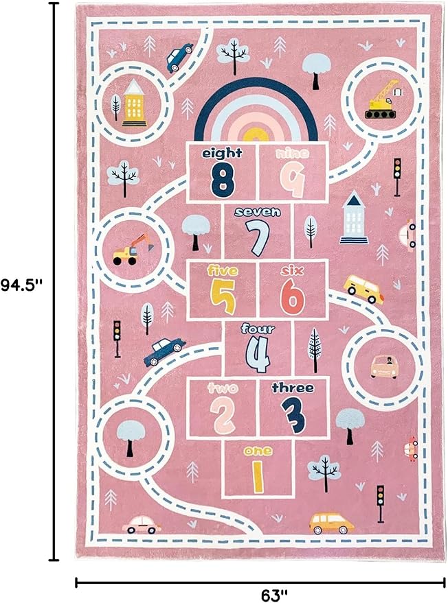 Kids Play Mat Hopscotch Car Area Rug 5x8Ft Extra Large for Girls Bedroom Soft Classroom Educational Learning Children Preschool Car Road Boys Gift, Pink