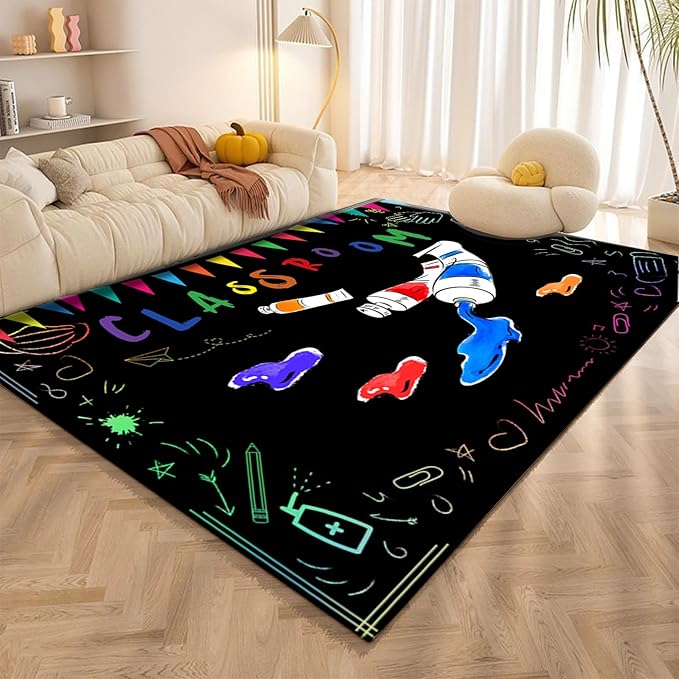 Classroom Blackboard Chalk Indoor Rugs, 4x5ft, Color Flag Painting Paint Bedroom Rug, Washable Classroom Carpet for Kids Room, Thin Print Fade Resistant Decor Mat for School Floor
