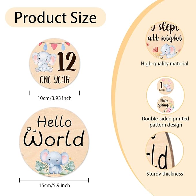 Baby Monthly Milestone Cards Signs - 13 Double Sided Little Elephant Milestone Cards, "Hello" Wooden Circles Discs for Photo Props Elephant Newborn Announcement Marker, Baby Shower Newborn Sign Gift