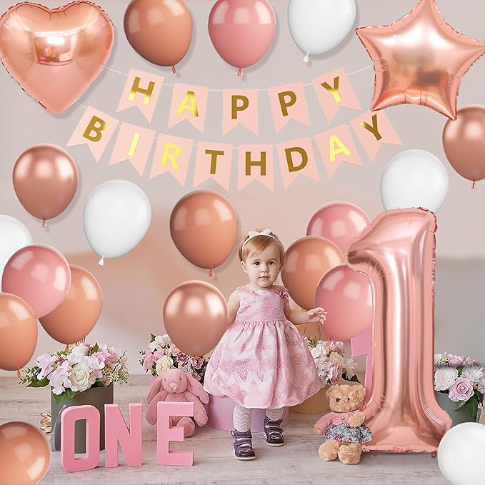 Boho 1st Birthday Decorations for Girls, Dusty Pink Rose Gold White Balloons with 40 Inch Number 1 Star Heart Foil Balloons Happy Birthday Banner for 1 Year Old Birthday Anniversary Baby Shower Decor