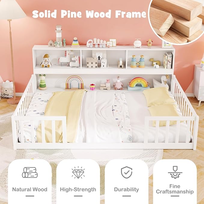 KOMFOTT Full Floor Bed with Bookcase & Shelves, Wood Bed Frame with Bedside Bookshelves & Guardrails, Versatile 2-in-1 Montessori Floor Bed for Kids (White)