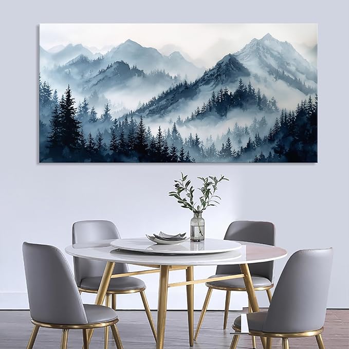 Blue Forest Canvas Wall Art Nature Foggy Mountains Landscape Pictures for Living Room Misty Watercolor Pine Tree Wall Decor Indigo Woodland Scenery Canvas Prints Artwork Office Home Decoration 23"x46"